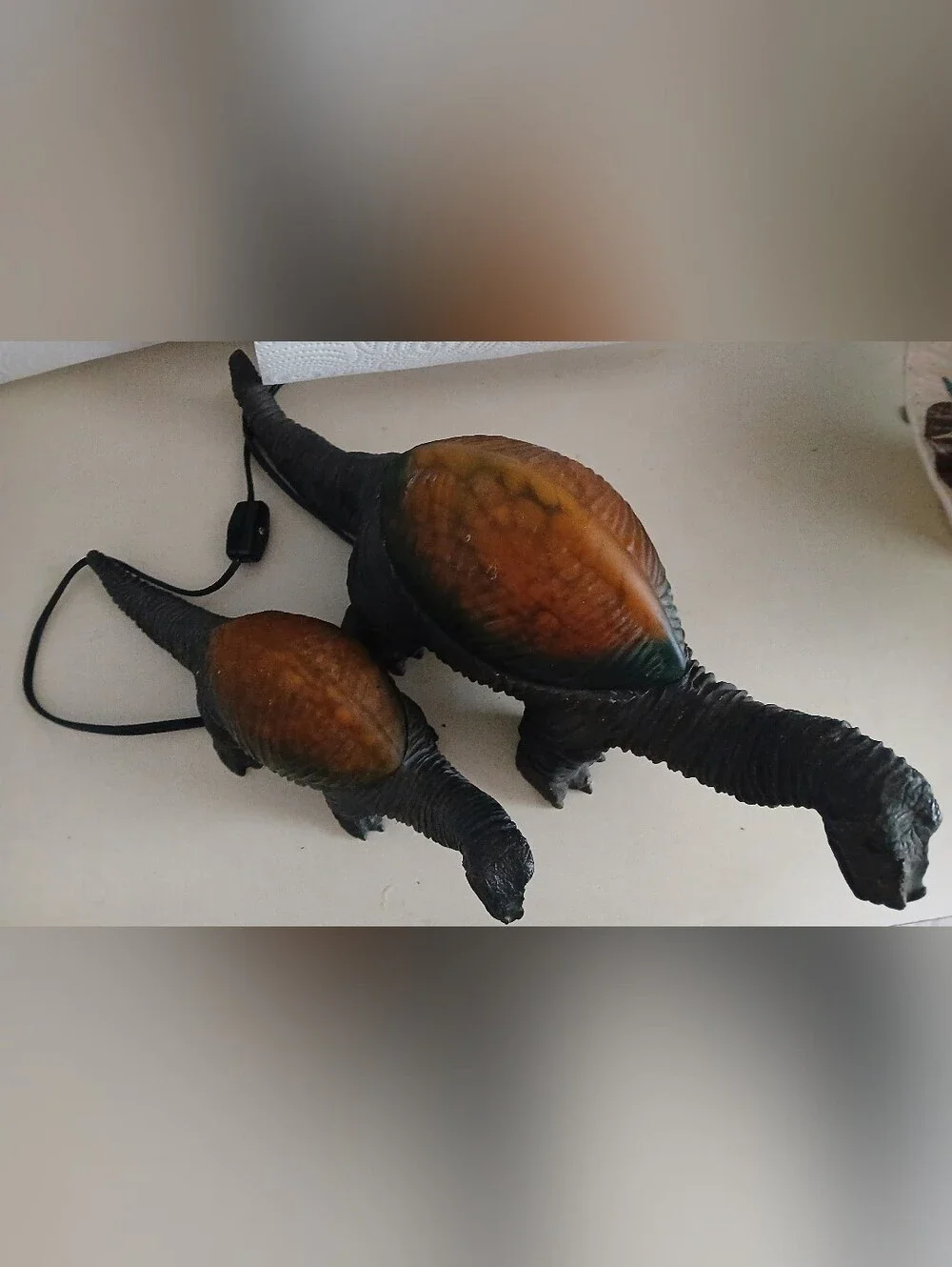 Vintage 1990's Cheyenne Dinosaur Lamps with Amber-Green Glass Shade